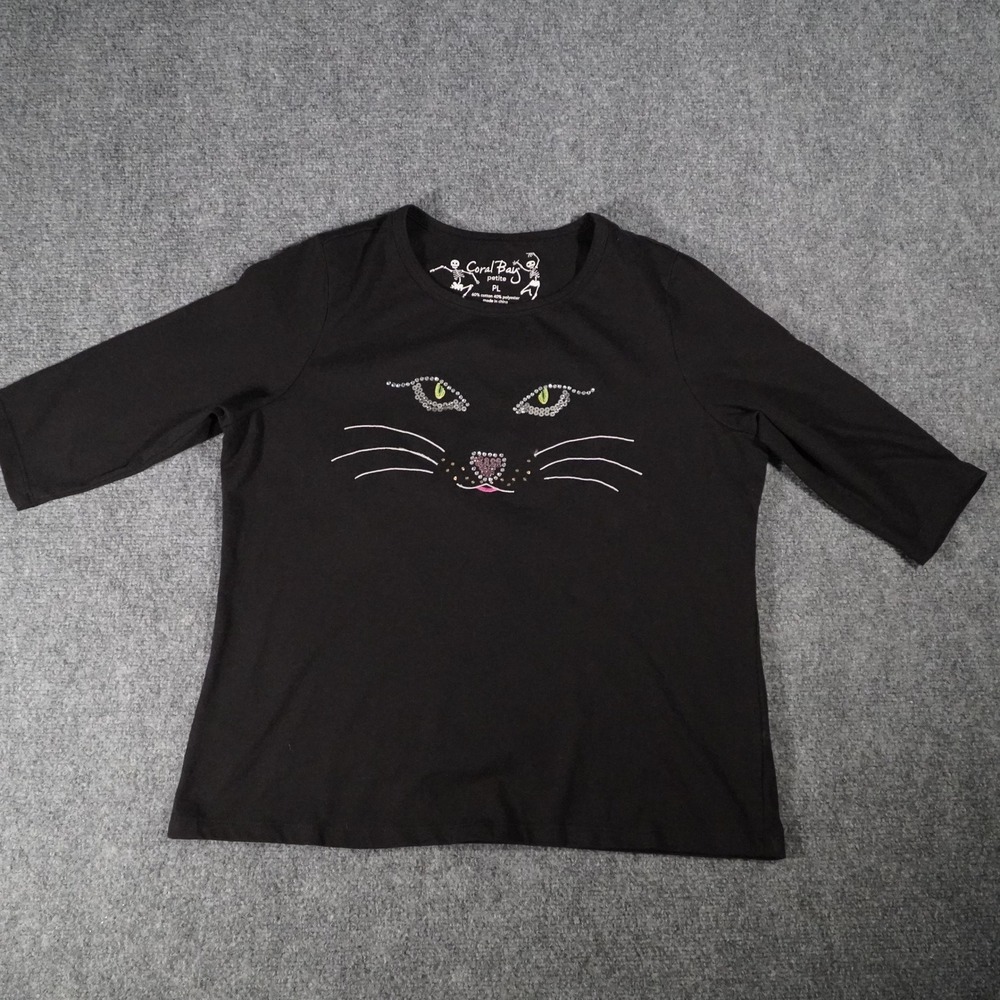 Coral‎ Bay Petite Black 3/4 Sleeve Rhinestone Cat Face Blouse Top PL